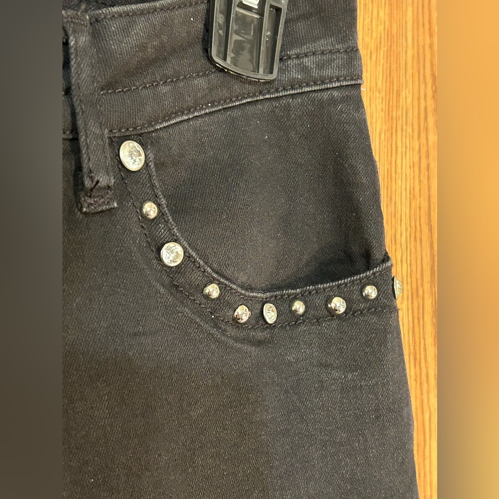 Platinum Plush Rhinestone Embellished Studded Black Biker Angel Jeans - Picture 4 of 10
